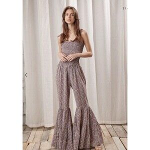 Storia Small Floral Smocked Tie Strap Wide Leg Jumpsuit Pink Purple Boho Flare
